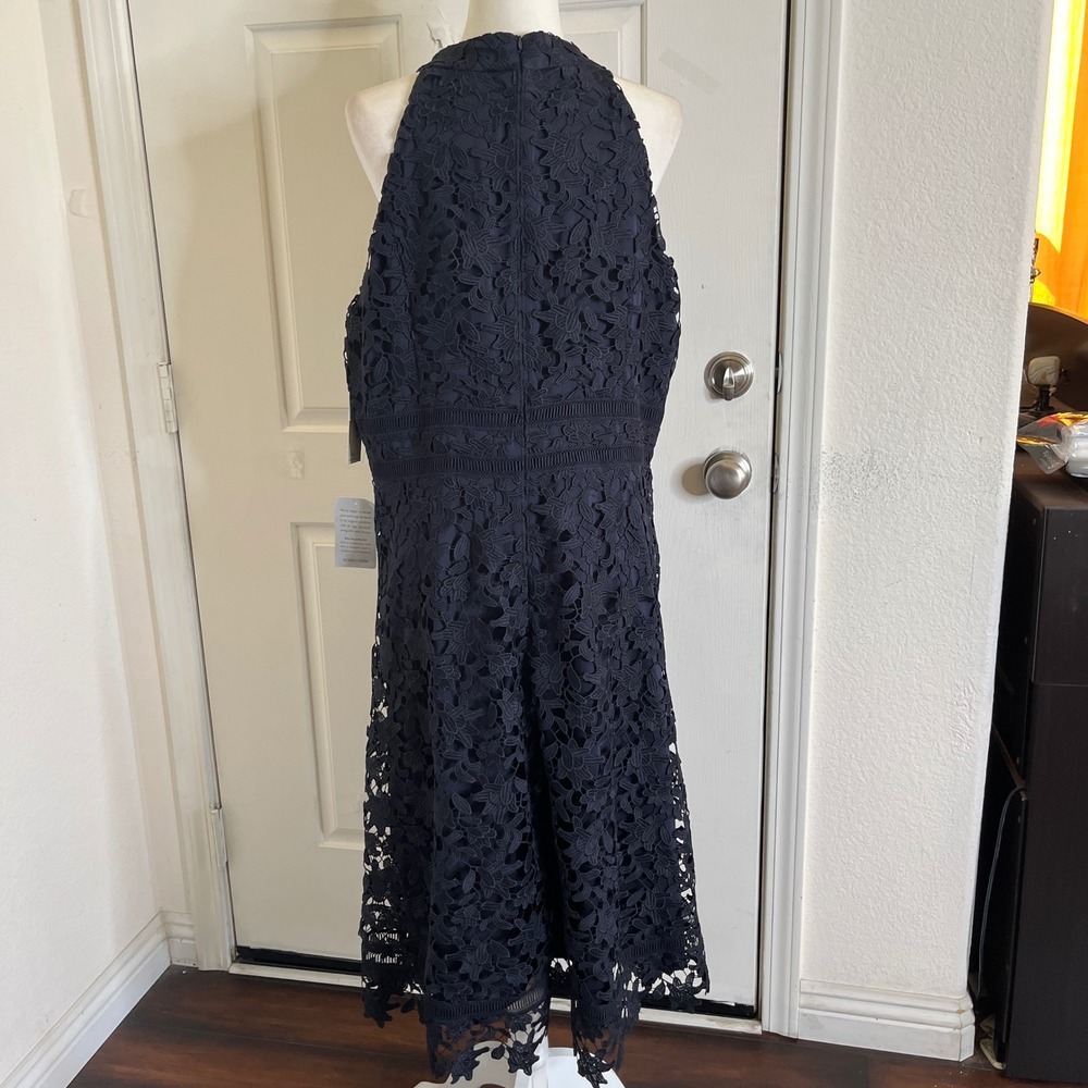 New Eliza‎ J Women Asymmetric Hem Mock Neck Lace Dress size 18 Navy Cocktail - Picture 7 of 16